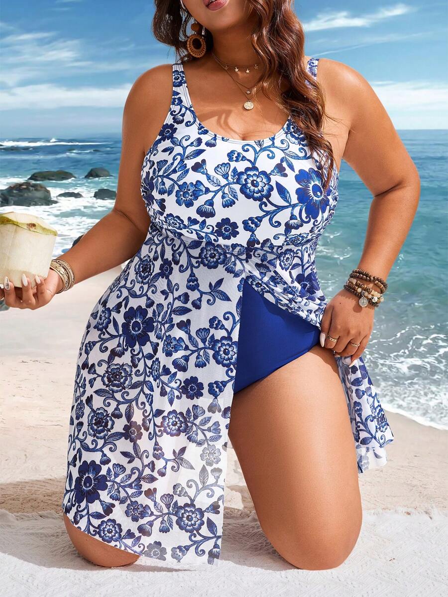 Swim Lushoire 大码女式复古印花拼接网眼连体泳衣（带三角形泳裤） - 寶藍色 - 查看 1