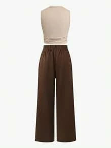 Calvaya 2 pezzi Set di donna casual di taglia grande con top a costine color albicocca con colletto alto e arricciature e pantaloni slim fit color marrone