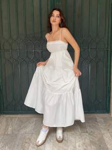 Muchica Women's Solid Color Lace Ruffle Hem Casual Slip White Dress - White - View 5