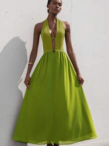 Aveloria Modichic New French Fashion Elegant Resort Atmosphere Woman Beach Premium Deep V Hollow Design Halter Tie Shoulder-Baring Sleeveless Cinched Waist Slim Fit Backless Chiffon Dress - Green - View 6