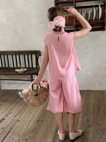 Tween Girls Spring/Summer Casual Vacation Sleeveless Latch Button Bowknot Blouse And Solid Color Wide Leg Bermuda Shorts 2 Pieces Suit, Office/School - Pink - View 2