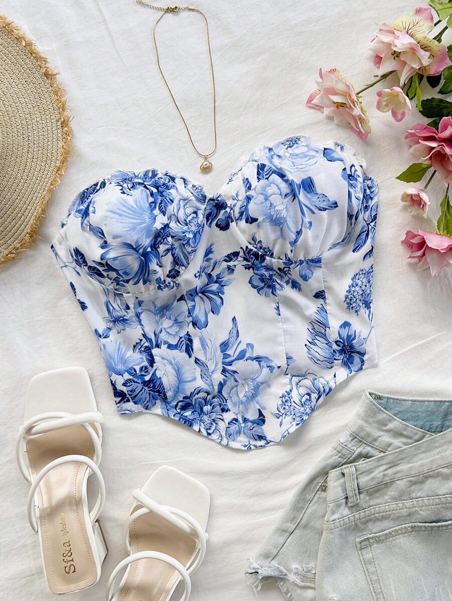 Soleia Women's White And Blue Floral Summer Elegant Vacation Holiday Tube Top, Fitted Ruched Cropped Tank Top For Party,Beach,Cruise,Date,Valentine's Day - Multicolor - View 1