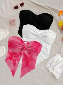 Soleia 3pcs Women's Vacation Style Floral Print Twist Hem Top Set, Includes Pink Tropical Flowers & Orange Tie-Dye Pattern, Suitable For Spring/Summer Getaways Tube Top Suitable For Going Out - Multicolor - View 4