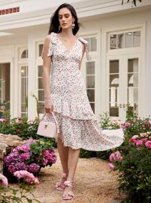 SHEIN LUNE Woven Ditsy Floral Vacation Bowknot V-Neck Ruffle Hem Dress - White - View 6