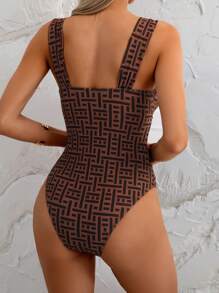 Swim Vcay 1 pièce Maillot de bain une pièce pour femme avec imprimé géométrique et bretelle épaisse, adapté pour l'été