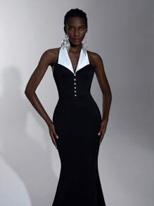 SHEIN Belle 优雅的黑白对比露背性感露背 3D 蝴蝶结珍珠链吊坠美人鱼尾款式，适合度假、约会、单身派对、生日、毕业典礼、婚礼、正式晚礼服、礼服、晚会、婚礼宾客 - 黑與白 - 查看 4