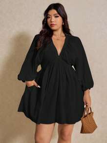 Elaquor Plus Size Casual Solid Color Lantern Sleeve Dress Flowy Dress Spring To Summer - Black - View 8