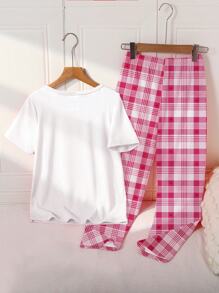 Tween Girls 2pcs Pajama Set - Pink Casual Top & Plaid Print Pink Pants, Modern & Comfortable Short Sleeve Loungewear - White - View 2