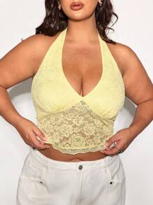 SHEIN BAE Top d'été en dentelle sexy et mignon, col en V, dos nu, style bohème. Convient pour les femmes, les grandes tailles, les vacances d'été, les sorties, les festivals de musique, les fêtes, les concerts, les carnavals. Couleur jaune beurre.