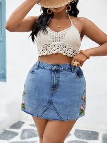 SHEIN VCAY Plus Size Denim Shorts, Casual Fitted Mini Blue Embroidered Vacation Summer, Vacation Woman, Easter, Spring, Western, Office For Women, Rave, Baby Shower , Cottagecore, Country Women, For Woman, Nashville, Graduation, Western Wear - Blue - View 7