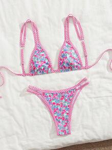 Swim Mod Set de 2 piezas para vacaciones de verano: Bikini con Top sin mangas con estampado de frutas en todo el diseño y detalles de contraste, y Bottom con tiras laterales