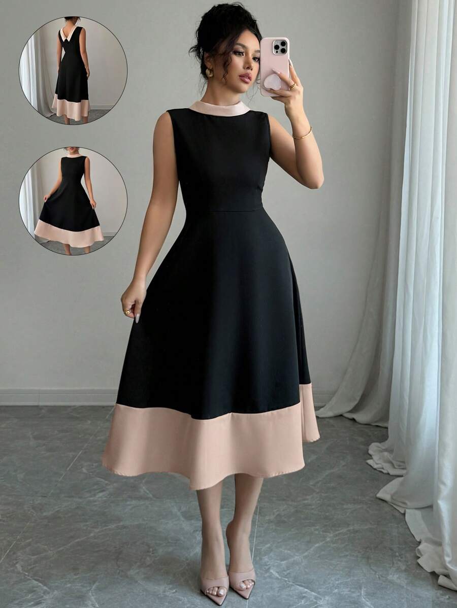 Elenzga 优雅时尚女士无袖 V 领露背拼接下摆休闲通勤度假 A 字连衣裙 - 黑色 - 查看 1