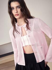 MOTF STUDIO POINTELLE KNIT BUTTON UP CARDIGAN - Pink - View 5