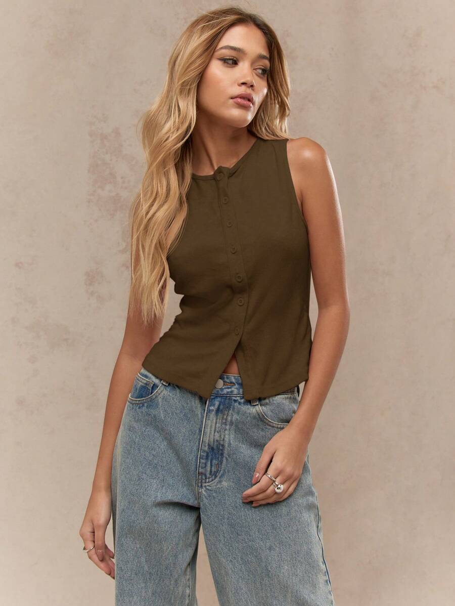 MISSGUIDED Blusa de verano de trabajo de oficina con botones, sin mangas, ajustada, de vestir casual, profesional y básica esencial