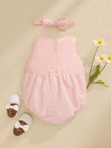 SHEIN Mono de princesa de ajuste ceñido con cuello redondo, decoración de lazo de encaje y color rosa claro, para bebé niña en verano - Rosa - Ver 2