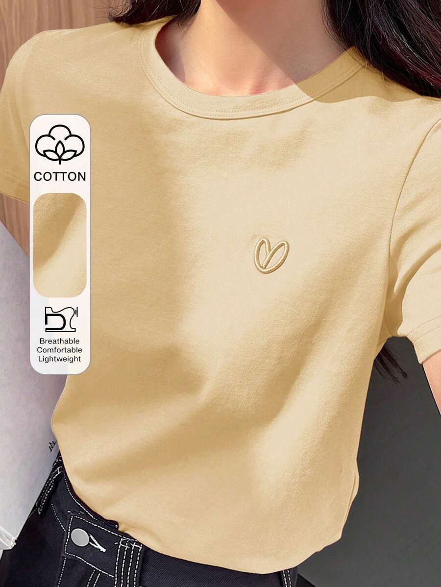 DAZY 夏季休闲纯色心形刺绣短袖T恤女士商务休闲 - 米色 - 查看 1