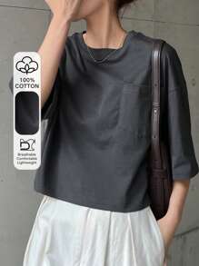 FRIFUL 女士灰色宽松短款口袋 T 恤，圆领短袖上衣，夏季 - 灰色 - 查看 1