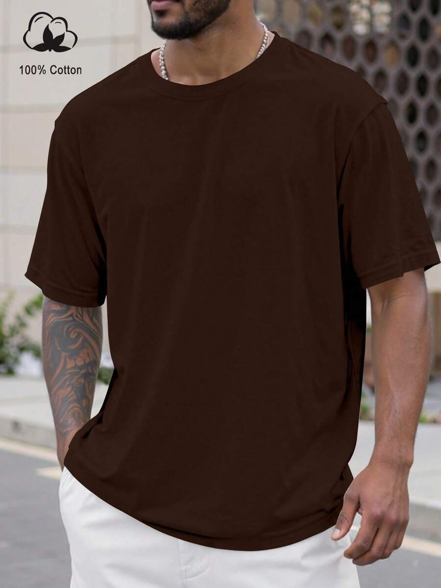 Manfinity Homme Plus Size Men Plain Round Neck Short Sleeve Casual Versatile T-Shirt - Coffee Brown - View 1