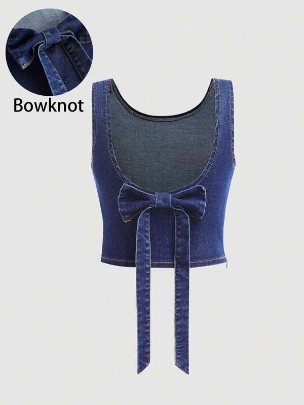 SHEIN Tween Mädchen Sommer Strand Boho Urlaub Solid Washed Denim Ärmellos Eng Anliegende Süßes Crop Top mit Schleife, Blau, Old Money, Rückenfrei/Offener Rücken, Sommer/Sommer Für Festival/Konzert Rave Festival