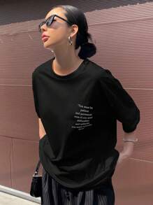 DAZY Slogan Graphic Drop Shoulder Tee You Must Be Patient And Persistent Even If You Meet Difficulties And Setbacks, You Must Overcome Them Summer Oversized T-Shirt - Black - View 2