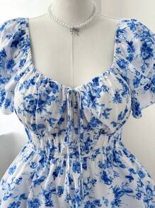 Flirla Plus Size Women's Double-Layer Ruffle Sleeve Front Drawstring Floral Print Swing Shirt - Multicolor - View 3