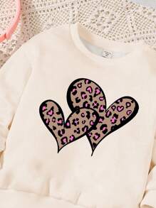 SHEIN 2pcs Young Girl Casual Leopard Heart Pattern Round Neck Long Sleeve Sweatshirt & Leggings Set, Fit For Autumn & Winter