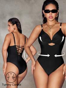 SHEIN Swim New Summer Women's Solid Color Adjustable Strap With Metal Decor Fitted One-Piece Swimsuit, Sexy & Elegant For Beach, Party, Valentine's Day - Black - View 2