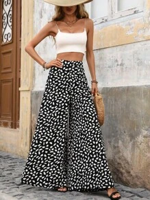 SHEIN LUNE Pantalones casuales sueltos con estampado aleatorio para mujeres, ideales para vacaciones - Negro - Ver 3