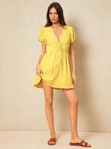 Poéselle Women's Solid Color Short Casual Dress, Suitable For Summer - Yellow - View 3