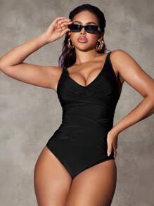 SHEIN Swim 1 pièce Maillot de bain une pièce pour femme avec design croisé de couleur unie - Noir - Voir 3