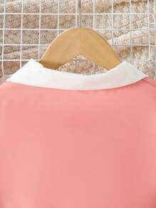 年轻女孩领口拼布褶皱短袖连衣裙，适合休闲通勤穿着 - 淺粉色 - 查看 6