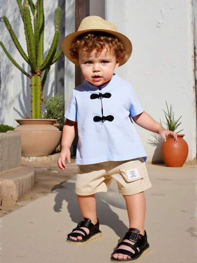 SHEIN Baby Boy New Spring/Summer Comfortable Casual Fashionable Chinese Style Hanfu, Combines Comfort And Style, Made Of Quality Fabric, Precise Tailoring, Delicate Texture, Suitable For Traditional Festivals And Everyday Wear