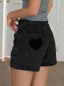 DAZY Quần short denim nữ phối màu tương phản điểm nhấn hình trái tim. - Màu xám đen - Xem 4
