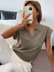 Livesso Blusa de punto de color liso con cuello polo ajustada, casual para mujer en primavera/verano