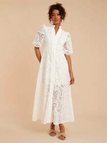 Travachic Women's Solid Color Eyelet Embroidery Collar A-Line High Waisted Dress,Summer Dresses For Women,Summer Outfits,Summer Outfits For Women White Dresses For Women Women Casual Dress Women Short Dresses Summer,Business Casual Woman