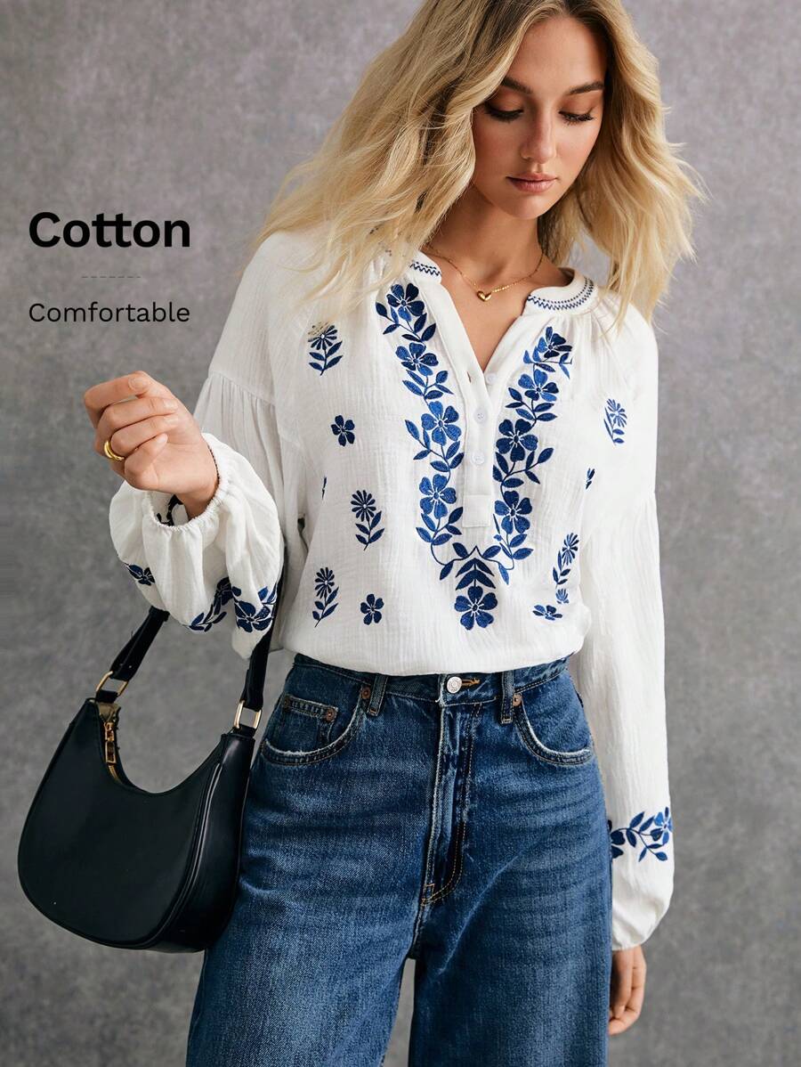 Poéselle Winter Women's Clothing, White, Effortlessly Chic Essential, Linen Long Sleeve Embroidered Shirt, French Embroidered Shirt Women's Embroidered Decorative Long Sleeve Shirt, Bohemian Style White Shirt, Delicate Embroidery, Luxurious Fabric, Superior Breathability, This Clothing Perfect For Daily Wear, Commuting, Vacation - White - View 1