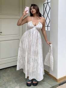 Dazy Plus Váy Maxi Đi Biển Hở Lưng Cổ Chữ V Sâu In Hoa Gradient, Xuân/Hè, Váy Thường Ngày Cho Nữ - trắng - Xem 1