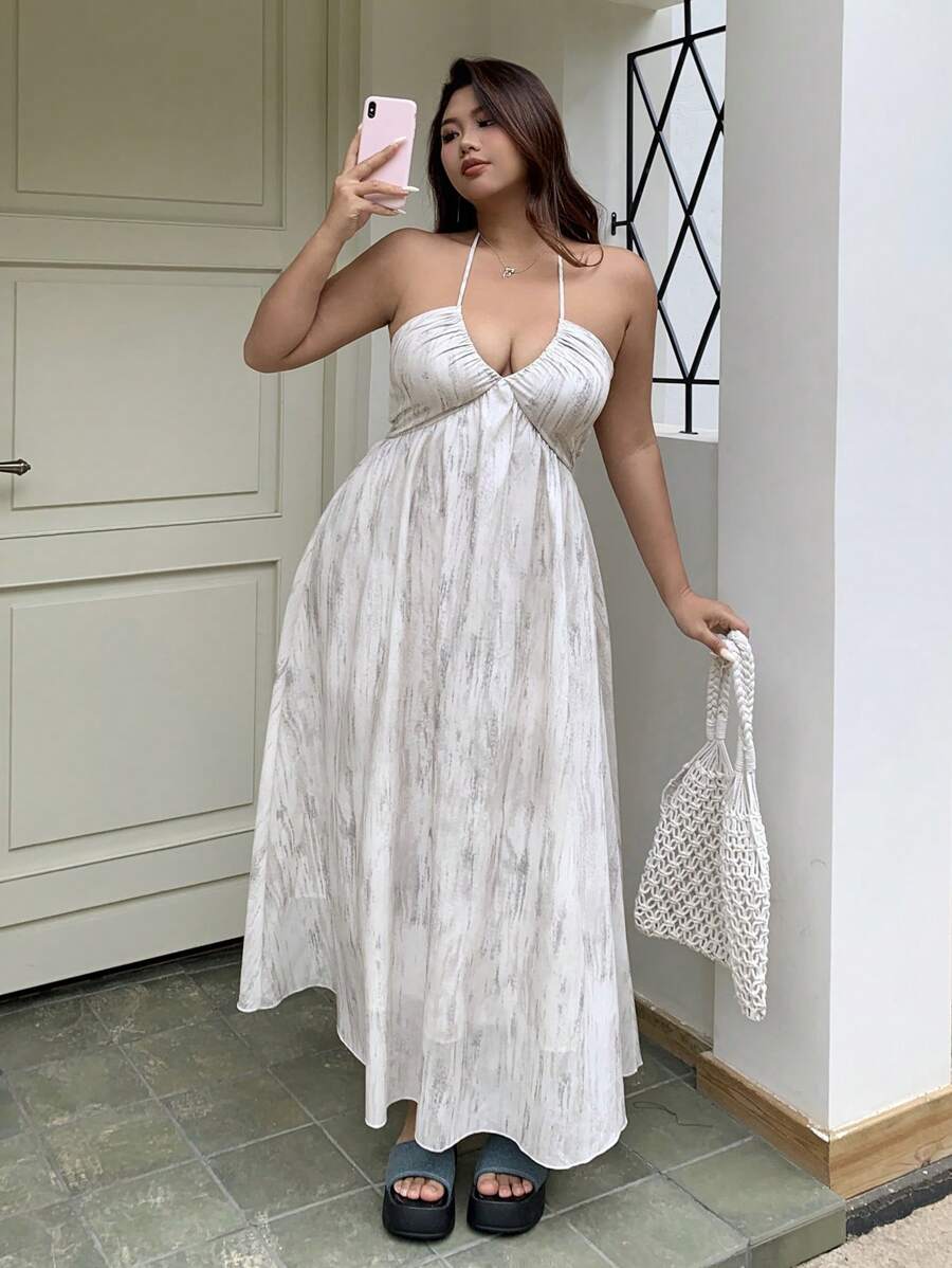 Dazy Plus Váy Maxi Đi Biển Hở Lưng Cổ Chữ V Sâu In Hoa Gradient, Xuân/Hè, Váy Thường Ngày Cho Nữ - trắng - Xem 1