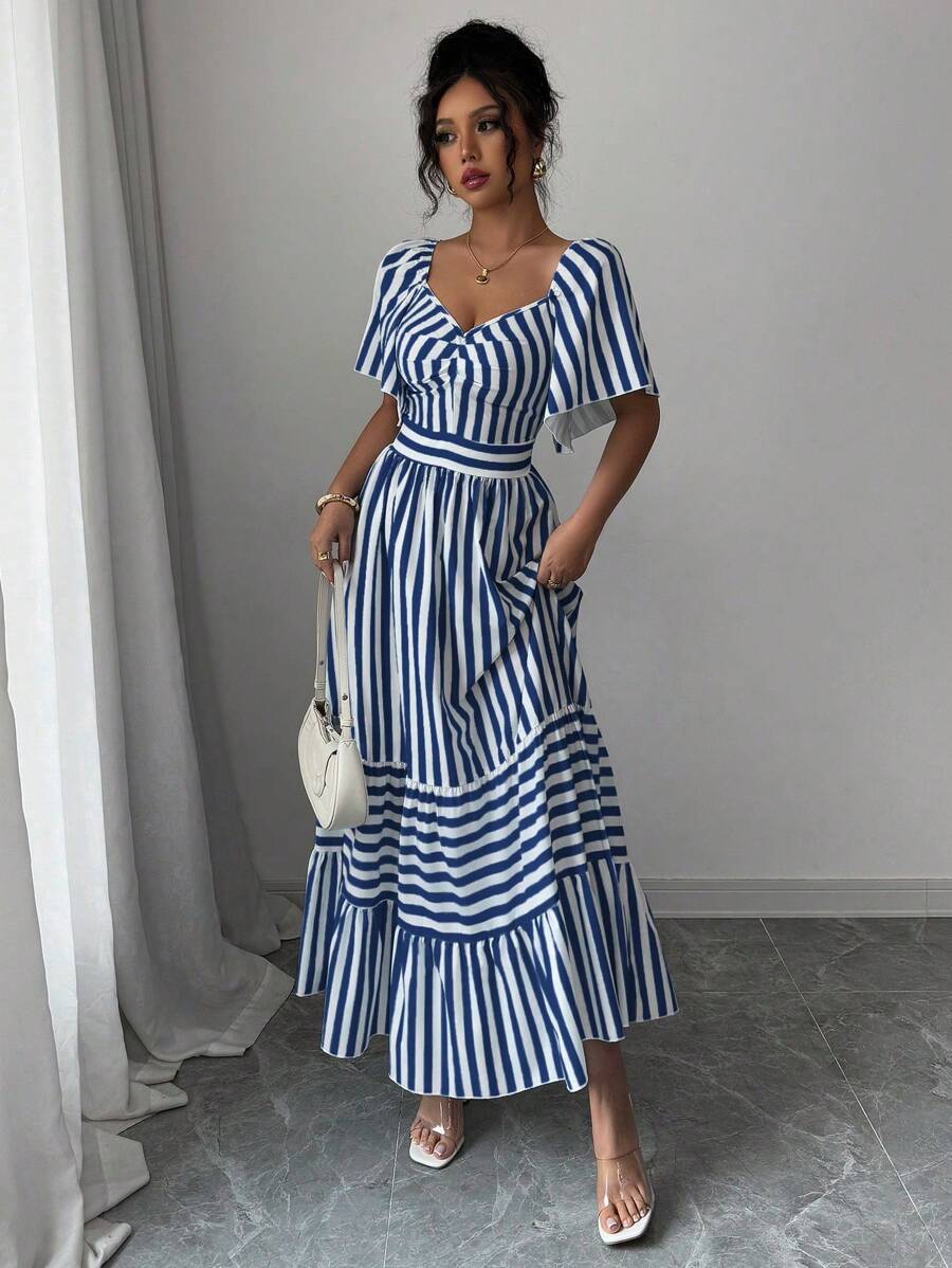 Elenzga Women Striped Ruffle Sleeve Cinched Waist Elegant Midi Dress - Royal Blue - View 1