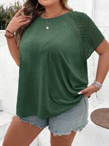 SHEIN CURVE+ Kaos Polos Kasual Ukuran Besar dengan Hiasan Renda, Cocok untuk Musim Panas, Gaya Pedesaan, Liburan Pantai, dan Pakaian Pantai. - Hijau - View 7