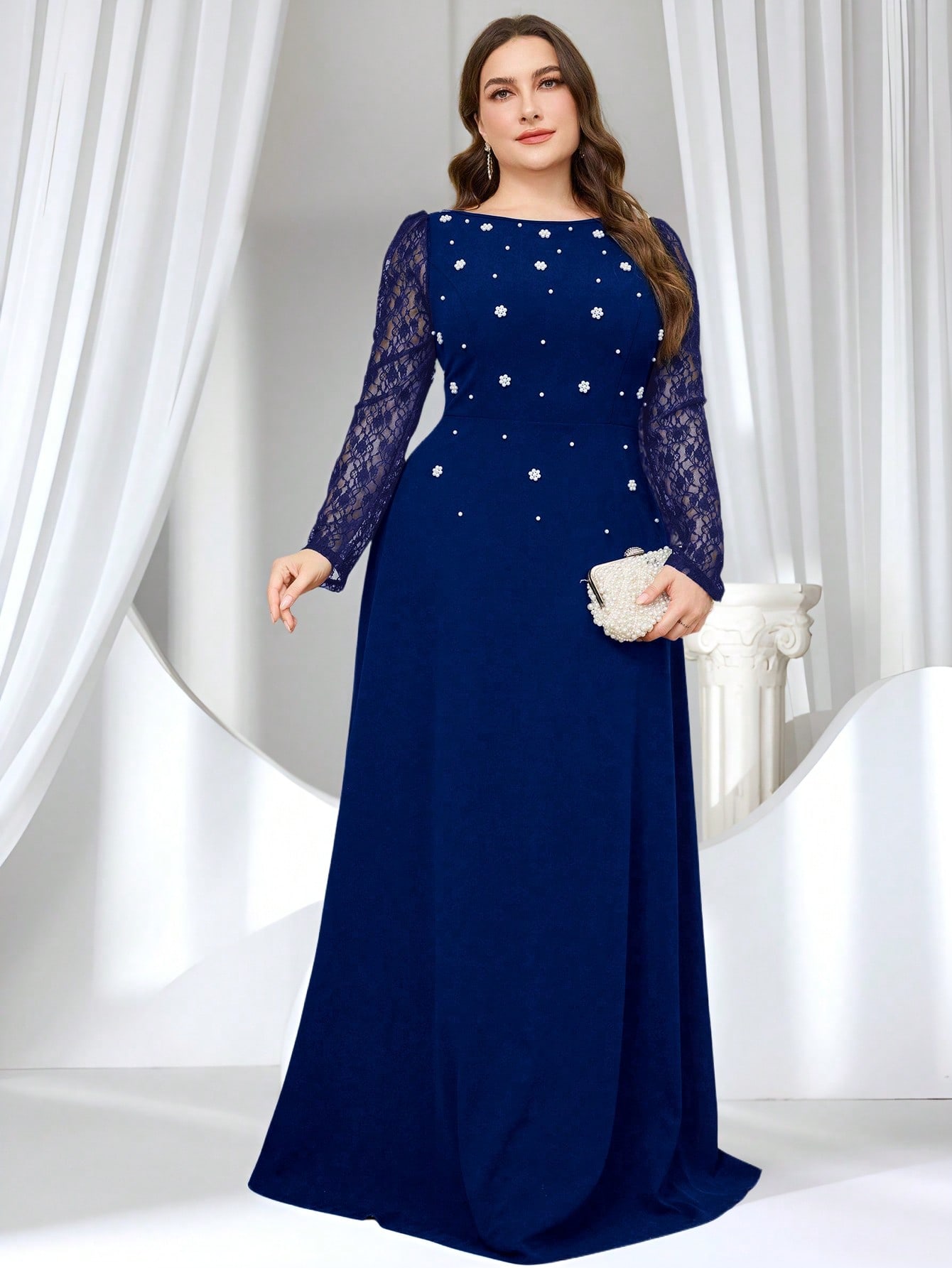 Coutiva فستان دانتيل أنيق متباين مع خرزة اللؤلؤ ال...