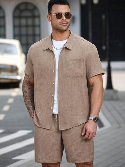 Manfinity Homme Plus Size Men's Simple Casual Shirt Set, Suitable For Summer Sets For Men Men Shirt Co Ords