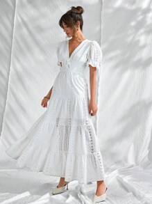 CLARA VERO Vestido de algodón bordado con manga corta, detalle de lazo delantero y botones, de unicolor para mujer