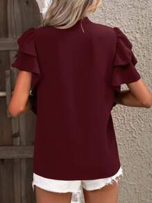 EMERY ROSE Blus Longgar Wanita Warna Polos Leher V Lengan Berkerut - Burgundy - View 2