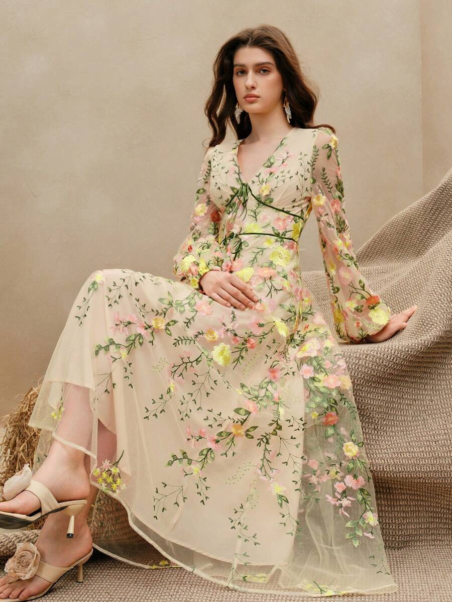 Anewsta Women's Elegant Long Mesh Embroidery Long Sleeve Loose Casual Dress For Resort, Pink - Yellow - View 1