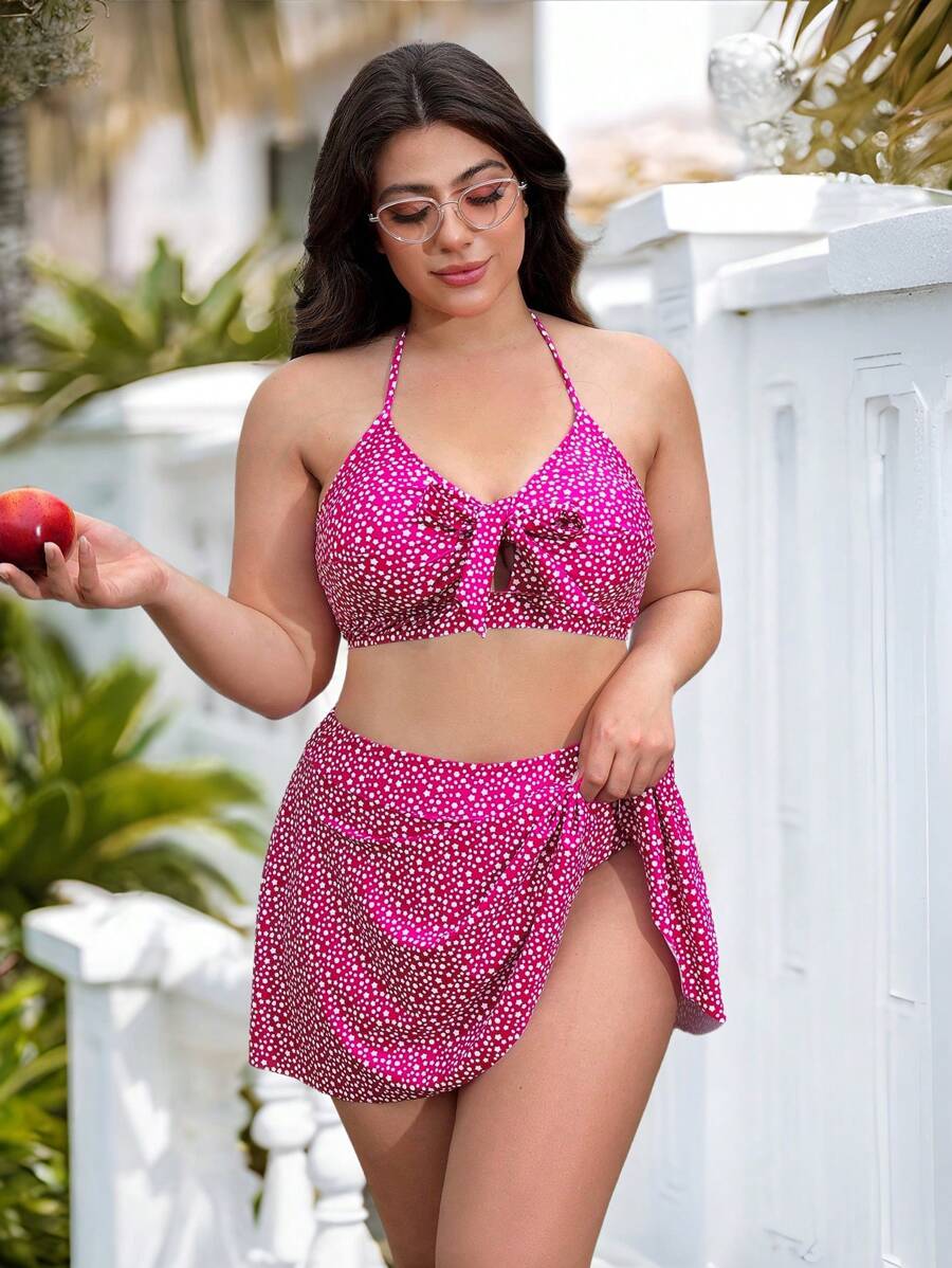 Swim Mod Plus Size Women Star Print Lace Up Sexy Bikini Swimwear Set For Summer Beach Vacation - Red - View 1