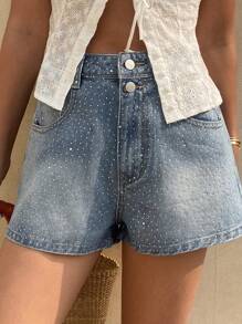 DAZY Summer New Solid Color Casual Vacation Rhinestone Decorated Women Jeans Denim Shorts Sequin