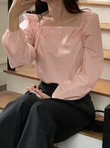 DAZY Blusa ajustada con cuello cuadrado y lazo delantero, top rosa para primavera/verano, con volantes, ropa de otoño