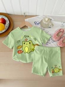 SHEIN Set Kaos Lengan Pendek Leher Bulat dan Celana Pendek Pas Badan Motif Katak Kartun Lucu Happikins untuk Bayi Perempuan, Cocok untuk Musim Semi dan Musim Panas - MultiWarna - View 3