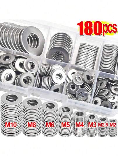 180pcs Stainless Steel Gasket Box, 304 Stainless Steel Flat Washer Combination Screw Washer